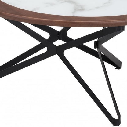 Set of Two 32" White And Black Glass And Steel Round Bunching Coffee Tables