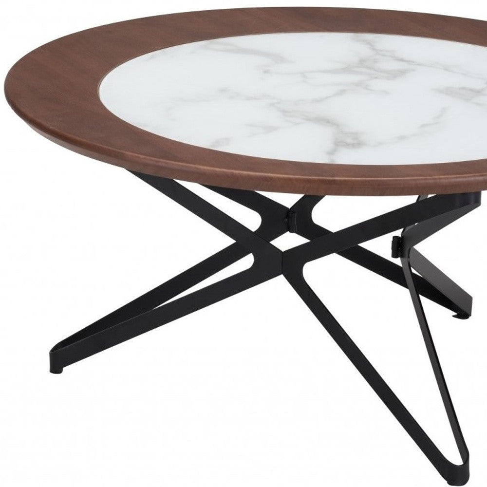 Set of Two 32" White And Black Glass And Steel Round Bunching Coffee Tables