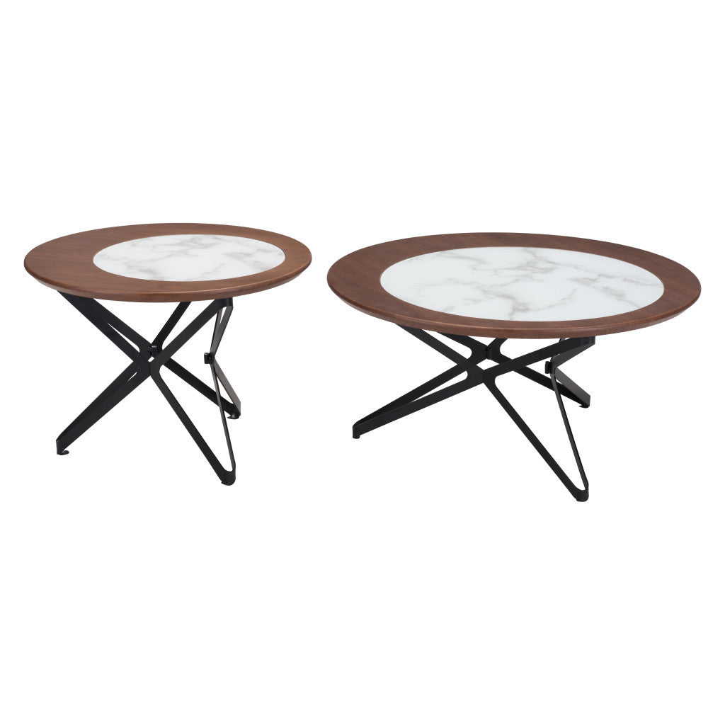 Set of Two 32" White And Black Glass And Steel Round Bunching Coffee Tables