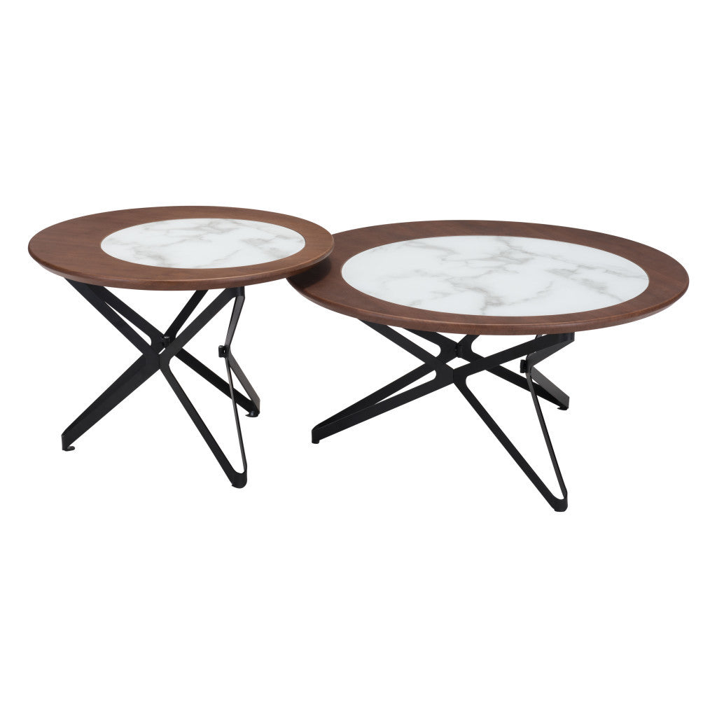 Set of Two 32" White And Black Glass And Steel Round Bunching Coffee Tables