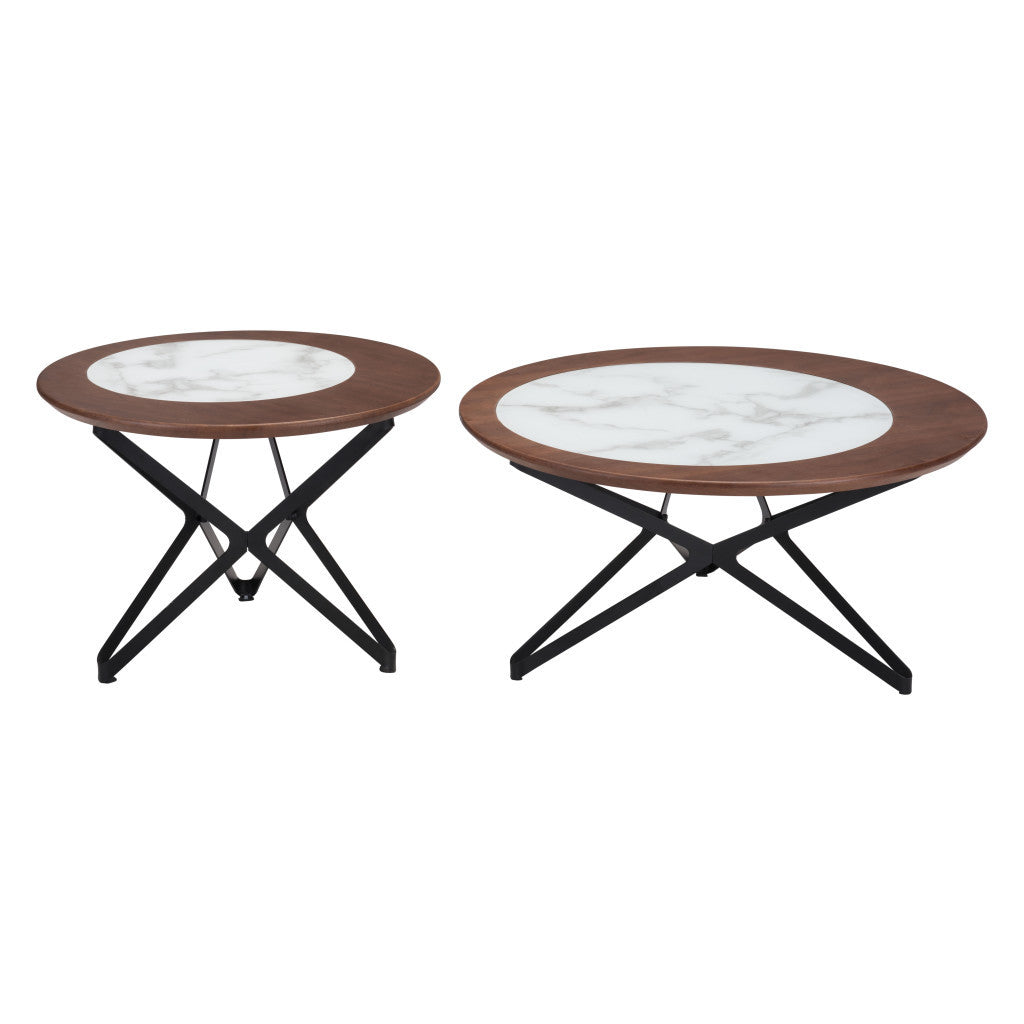 Set of Two 32" White And Black Glass And Steel Round Bunching Coffee Tables