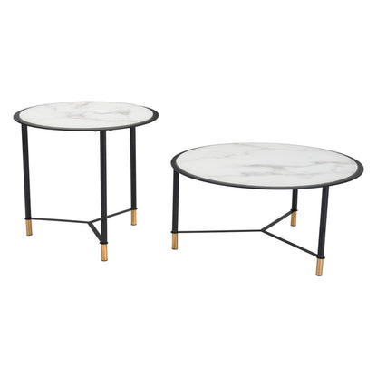 Set of Two 32" White And Black Glass And Steel Round Nested Coffee Tables