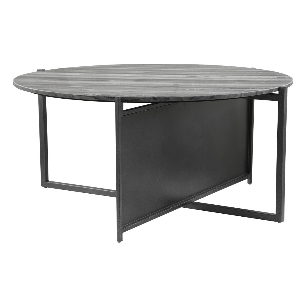 36" Gray And Black Genuine Marble And Steel Round Coffee Table