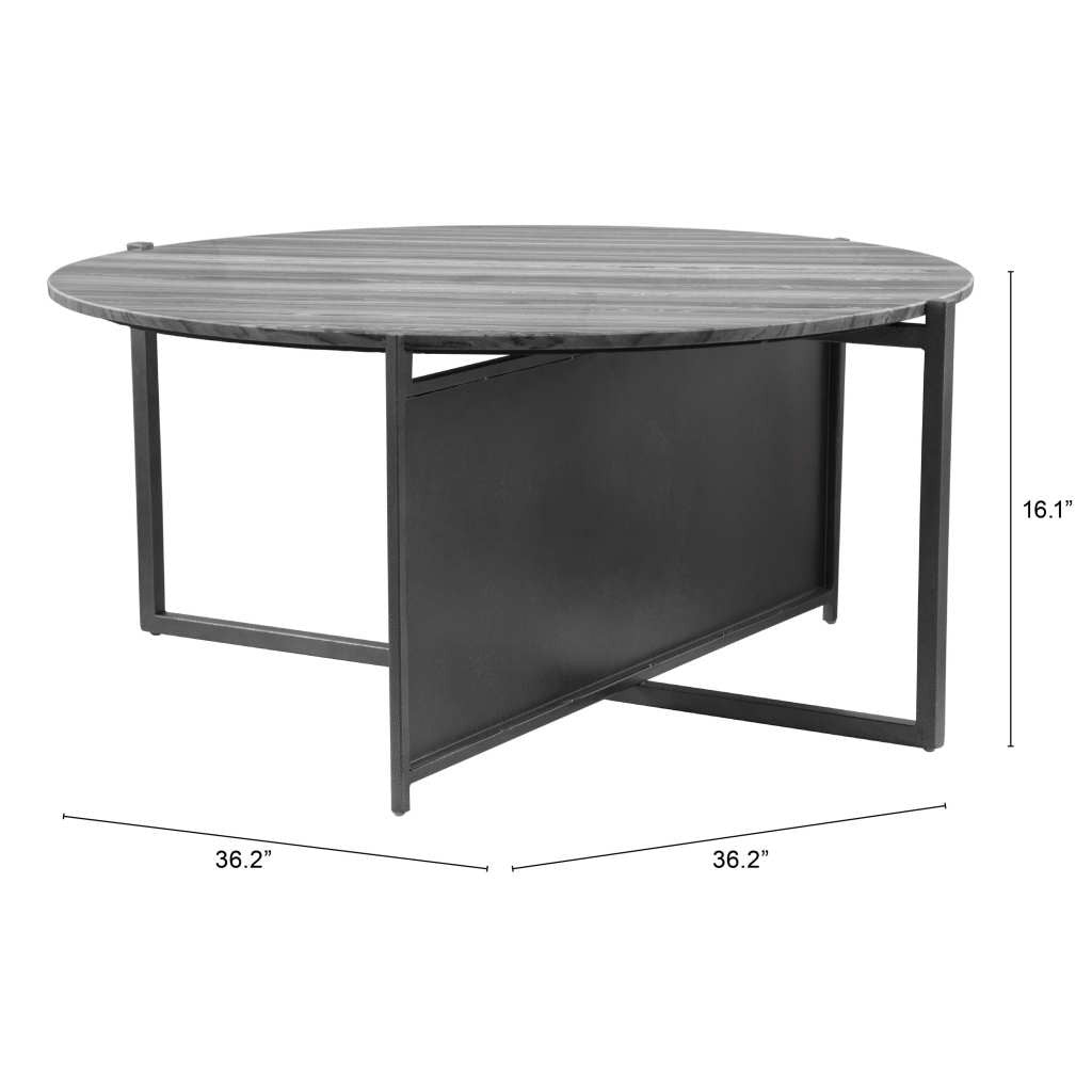 36" Gray And Black Genuine Marble And Steel Round Coffee Table