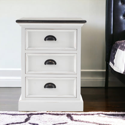 24" White and Brown Three Drawer Wood Nightstand