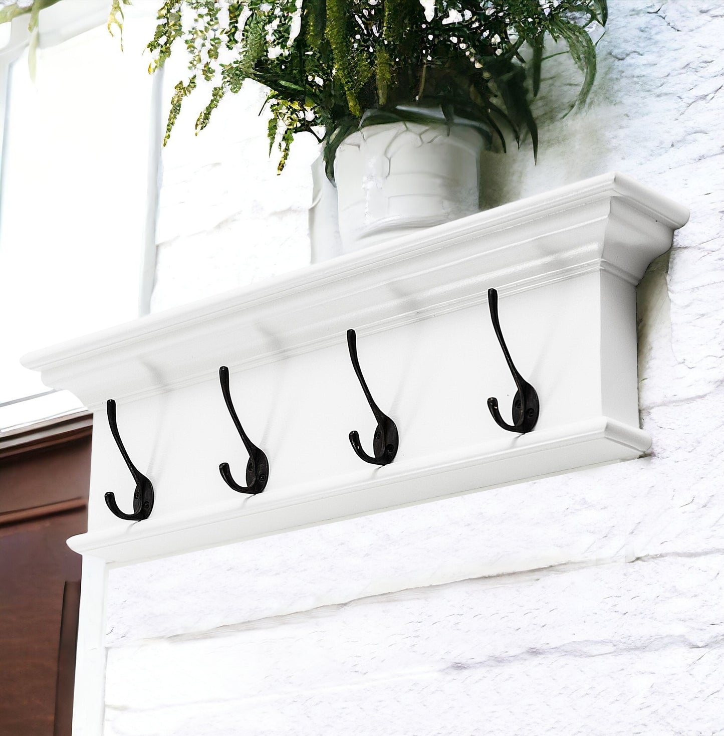 28" Classic White Wood Four Hook Hanging Coat Rack