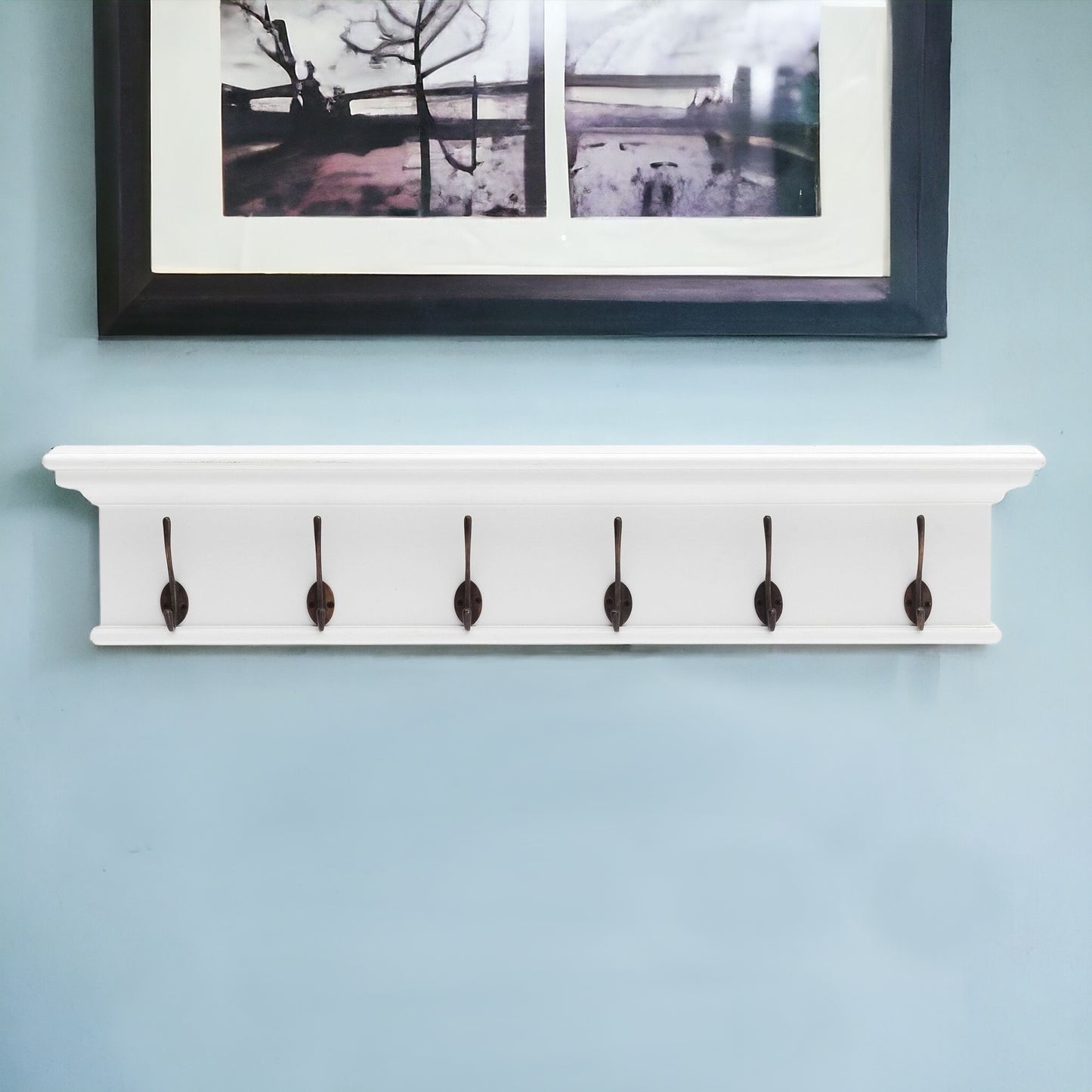 39" Classic White Wood Six Hook Hanging Coat Rack