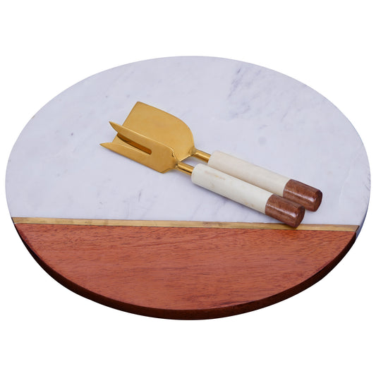 12" White Round Marble Cheese Board With Gold Cheese Knives