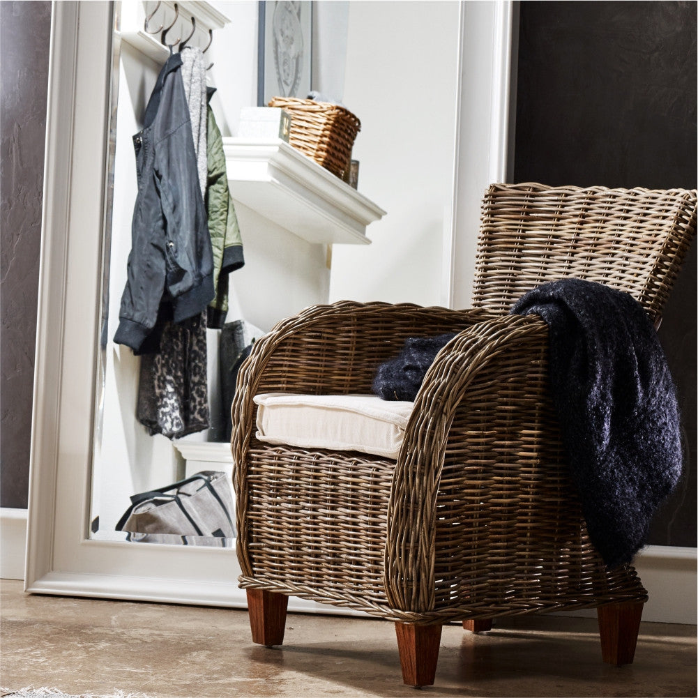 Set Of Two Natural Brown Rattan Wingback Wicker Chairs with Seat Cushions