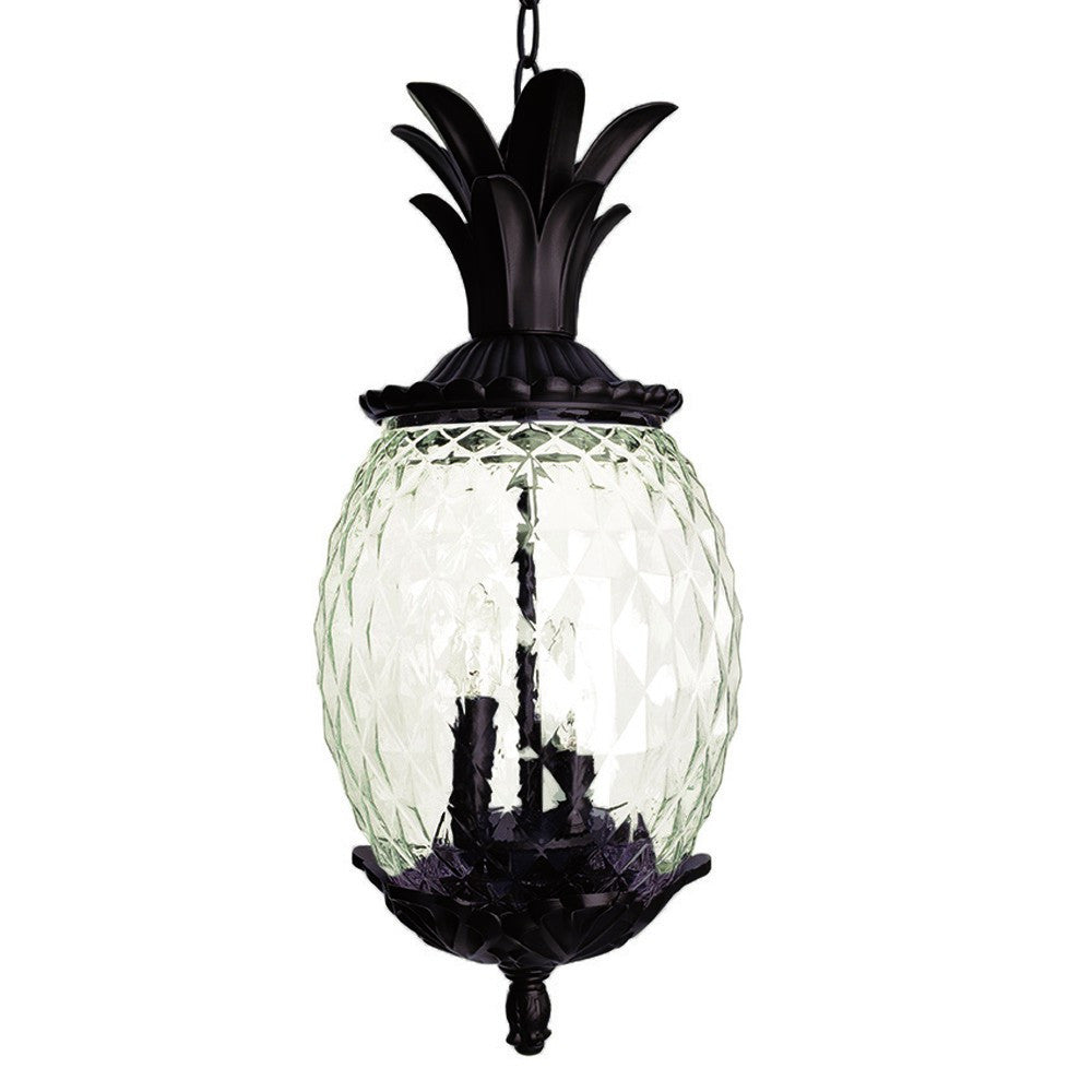 Clear and Black Three Light Pineapple Outdoor Hanging Pendent Light