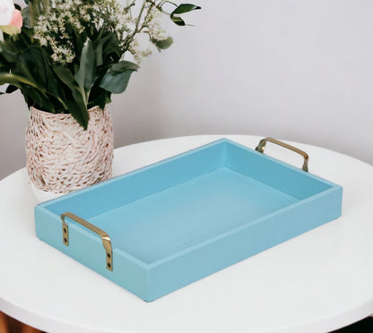 16" Light Blue Wooden Tray with Gold Handles