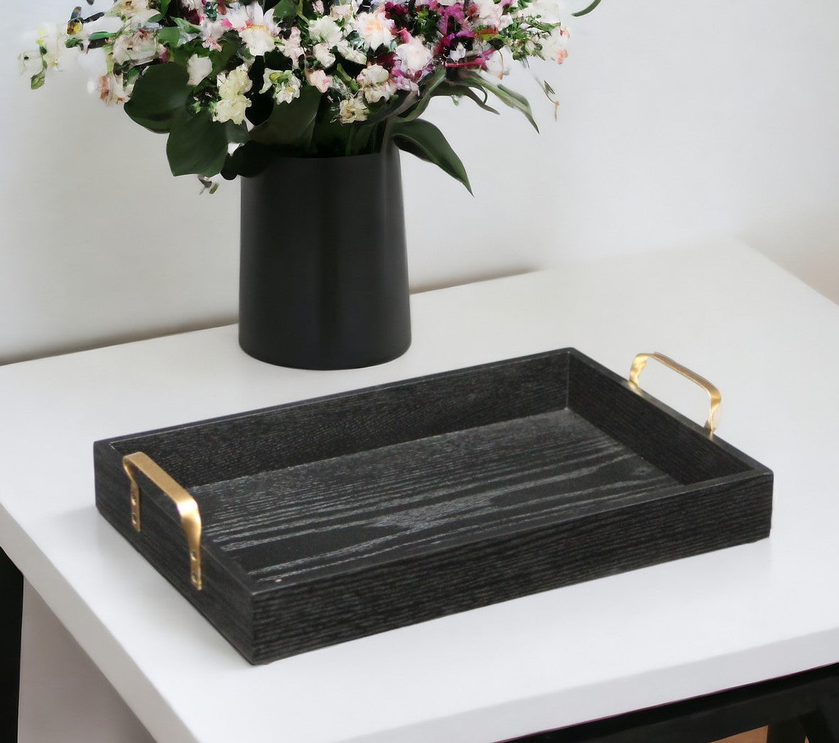 Black Wooden Tray with Gold Handles