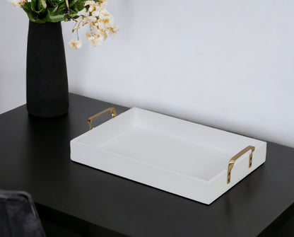 16" White Wood Handcrafted Serving Tray With Gold Handles