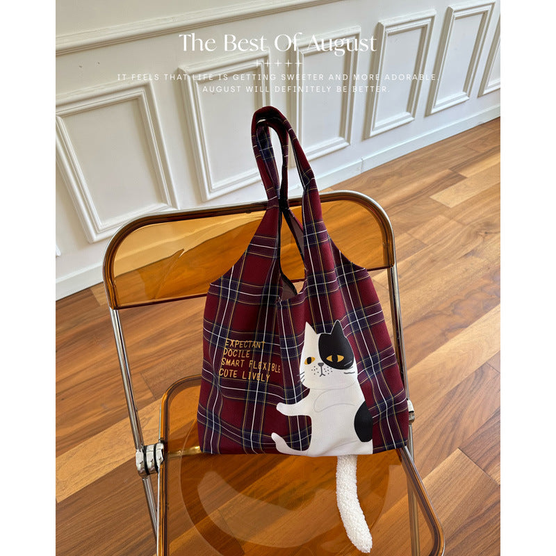 Scottish Plaid Flocking Cat Printing Handbag Vintage