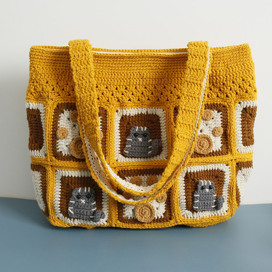 Kitten Handmade Wool Crocheted Square Tote Bag