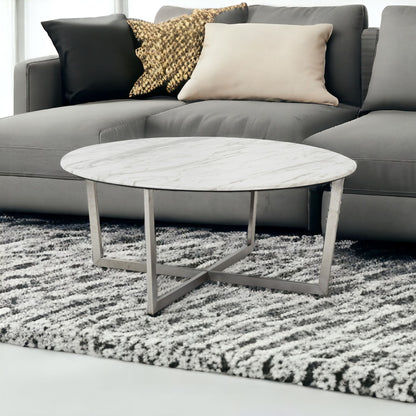 36" White And Silver Metal Round Coffee Table