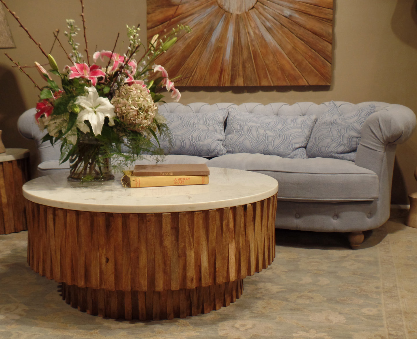 Round Marble Top and Wooden Strips Coffee Table