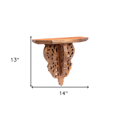 13" Set of Two Brown Boho Carved Wall Mounted Floating Shelves