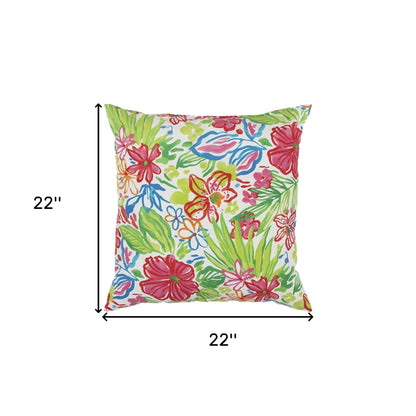 22" White Green and Pink Tropical Indoor Outdoor Throw Pillow