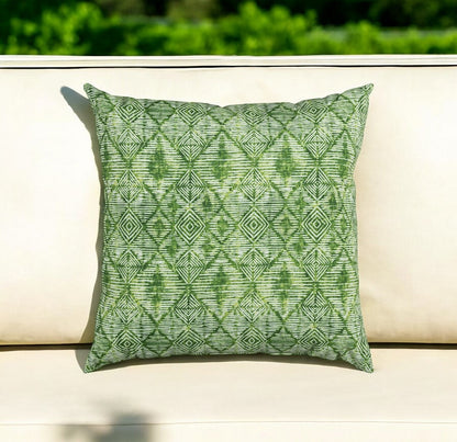 22" Green Ikat Diamond Indoor Outdoor Throw Pillow