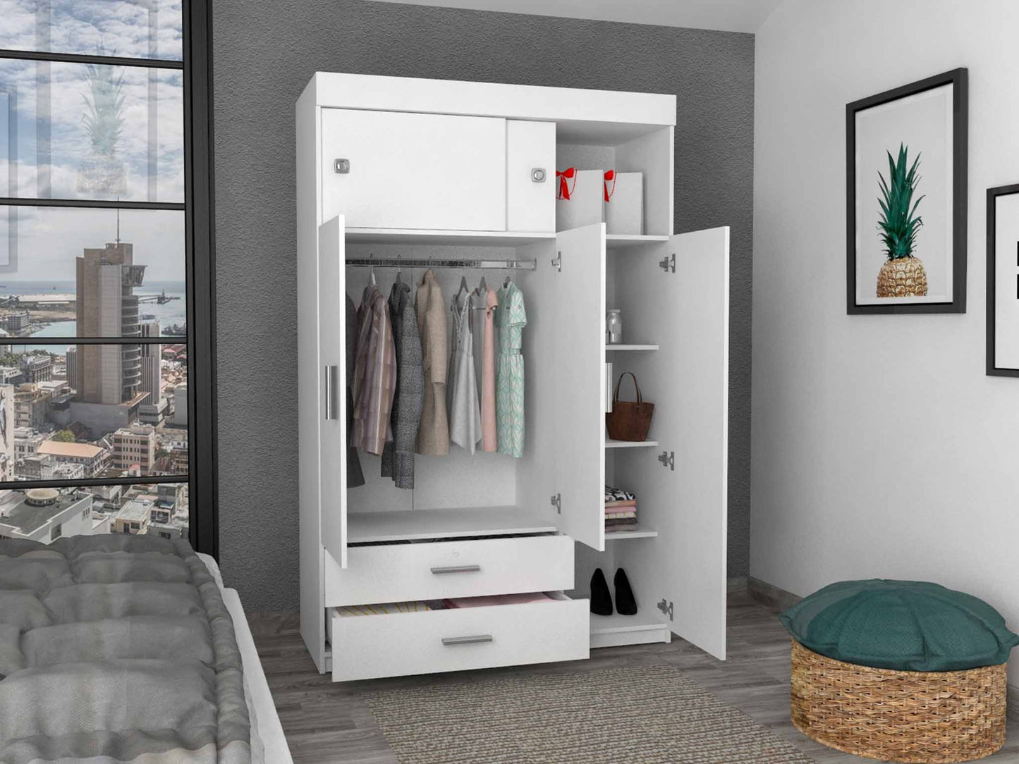 White Tall Three Door Closet with Sliding Doors