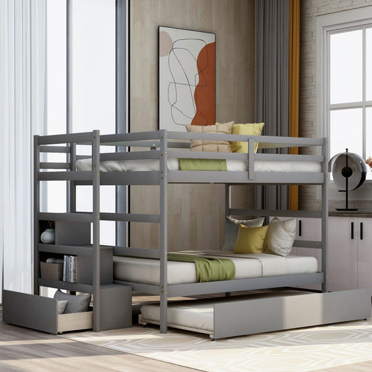 Gray Full Over Full Contemporary Bunk Bed With Stairs