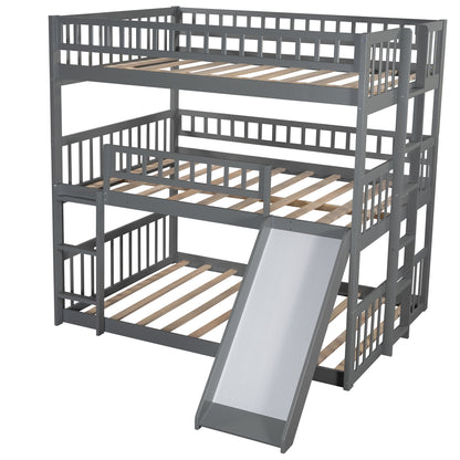 Gray Full Over Full Over Full Contemporary Bunk Bed With Slide