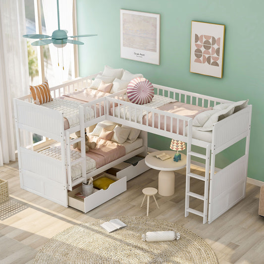 White Twin Size Bunk Bed with attached Loft Bed and Drawers