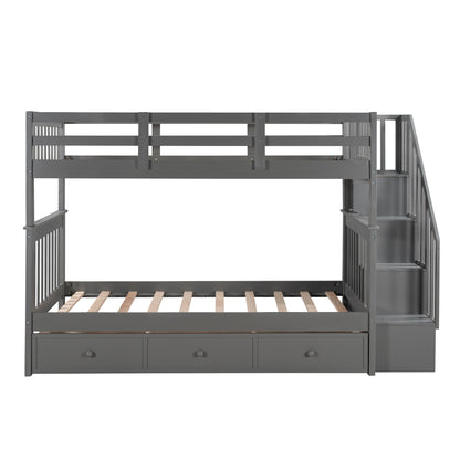 Gray Twin Over Twin Bunk Bed with Stairway and Drawers