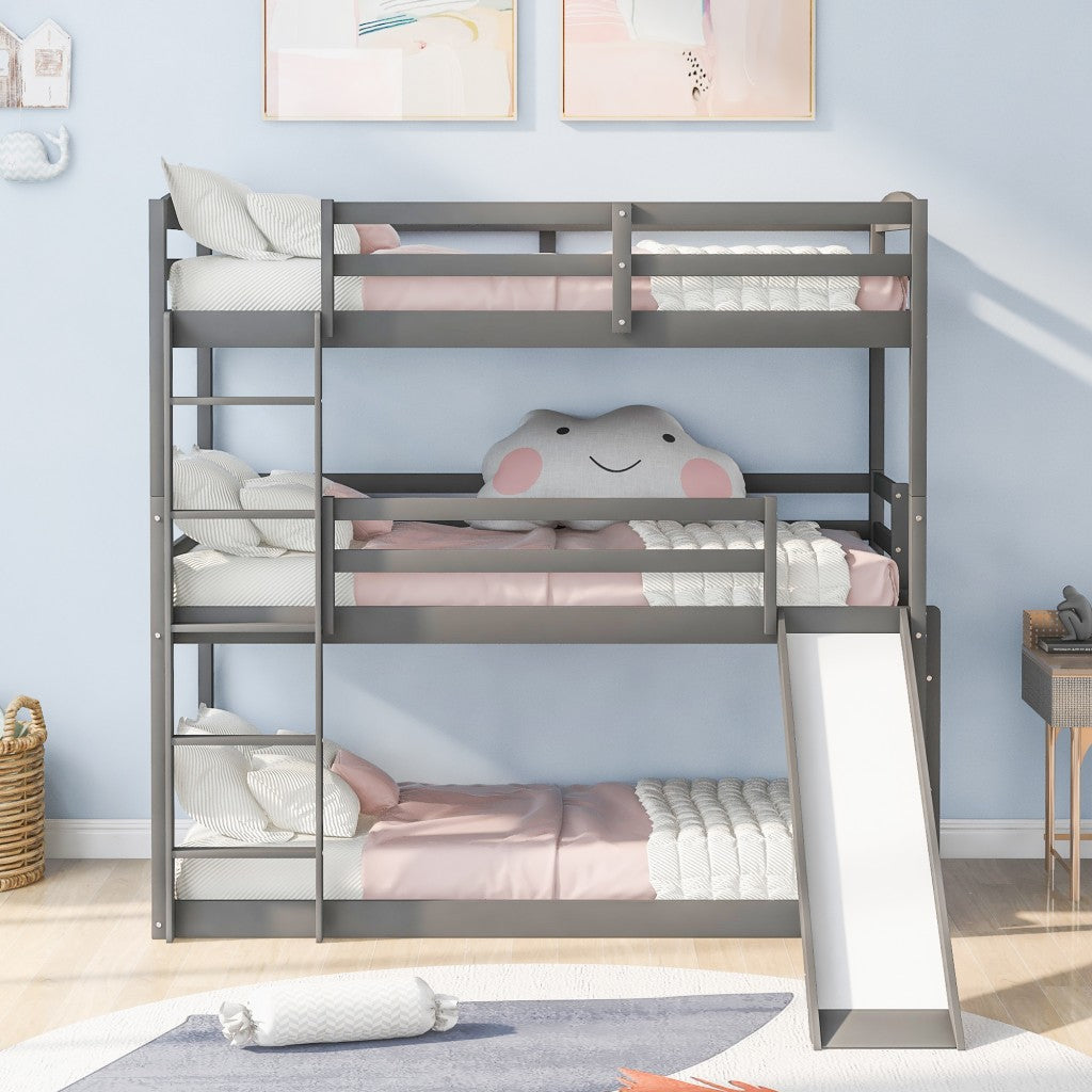 Gray Triple Bunk Twin Sized Bed with Slide