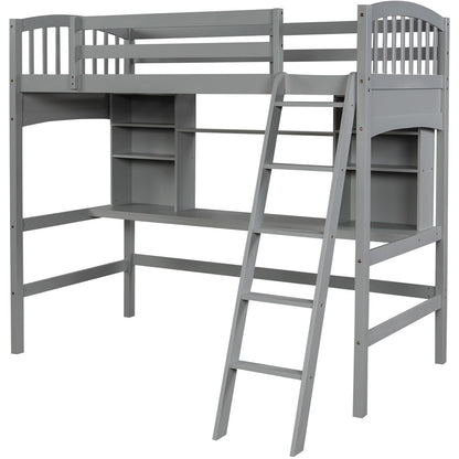 Gray Twin Size Loft Bed with Desk and Shelves