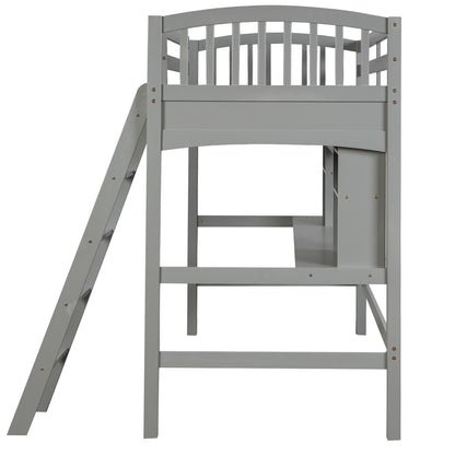 Gray Twin Size Loft Bed with Desk and Shelves