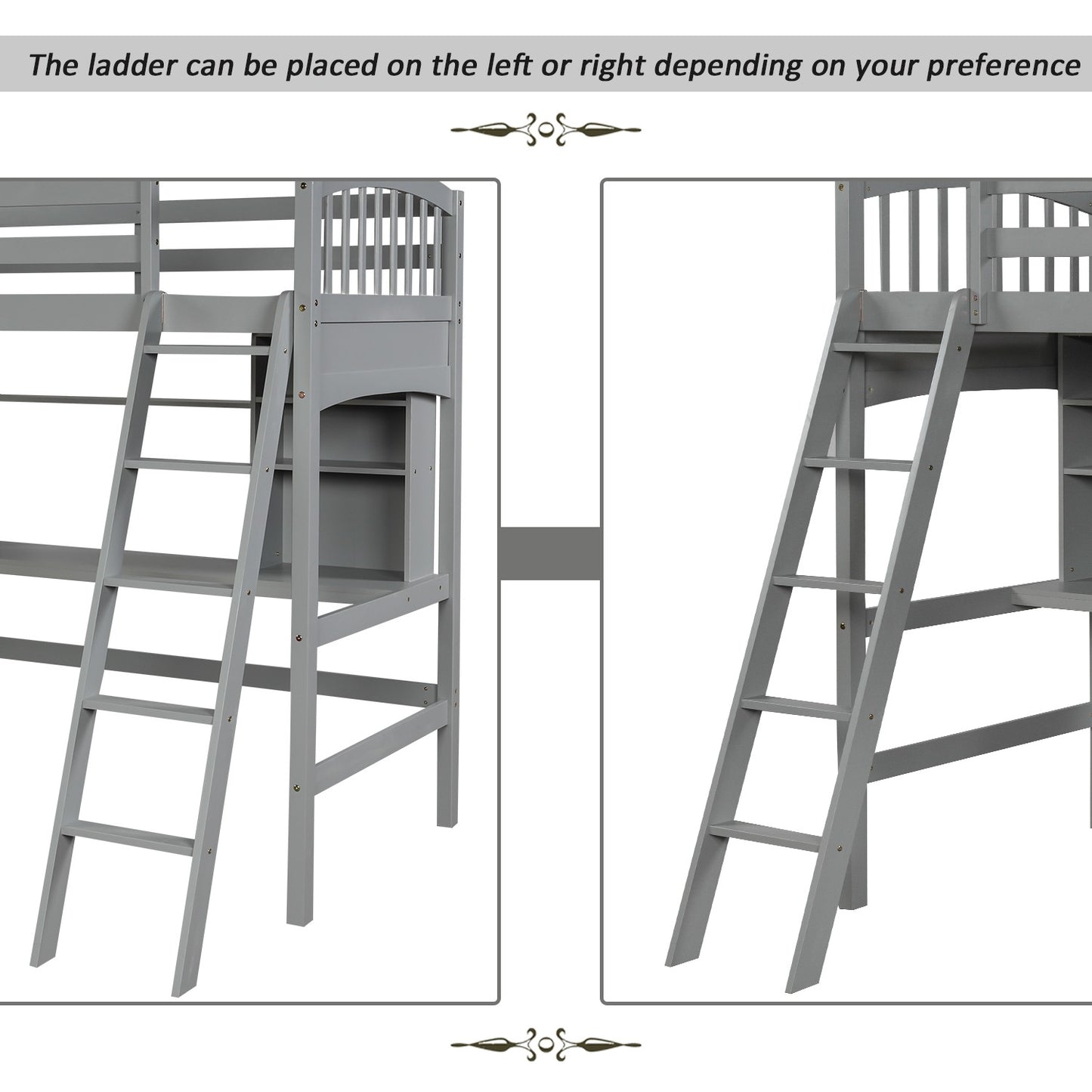 Gray Twin Size Loft Bed with Desk and Shelves