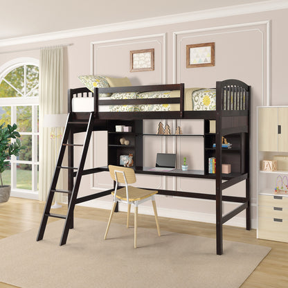 Brown Twin Size Loft Bed with Desk and Shelves