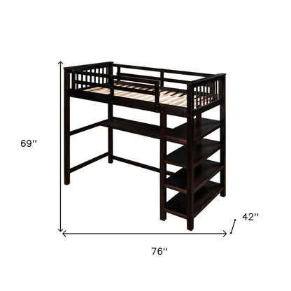 Espresso Twin Size Wood Loft Bed with Storage Shelves and Desk