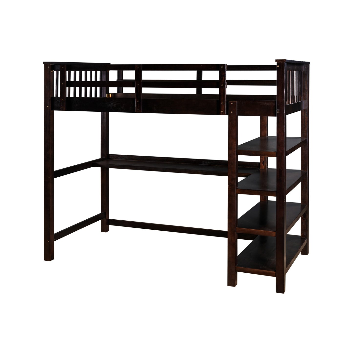 Espresso Twin Size Wood Loft Bed with Storage Shelves and Desk