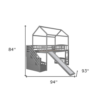 Gray Twin Size Playhouse Loft Bed With Drawers and Slide