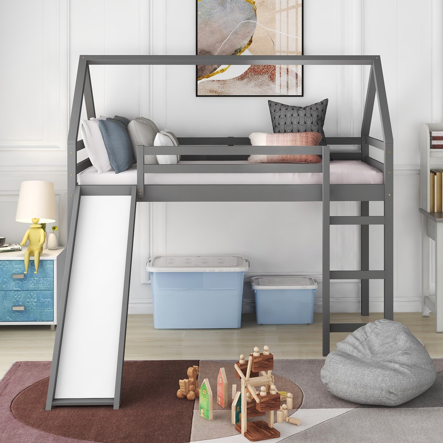 Gray Twin Size Slide House Loft Bed