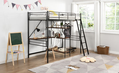 Black Twin Size Metal Loft Bed With Desk and Shelves