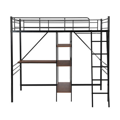 Black Twin Size Metal Loft Bed With Desk and Shelves