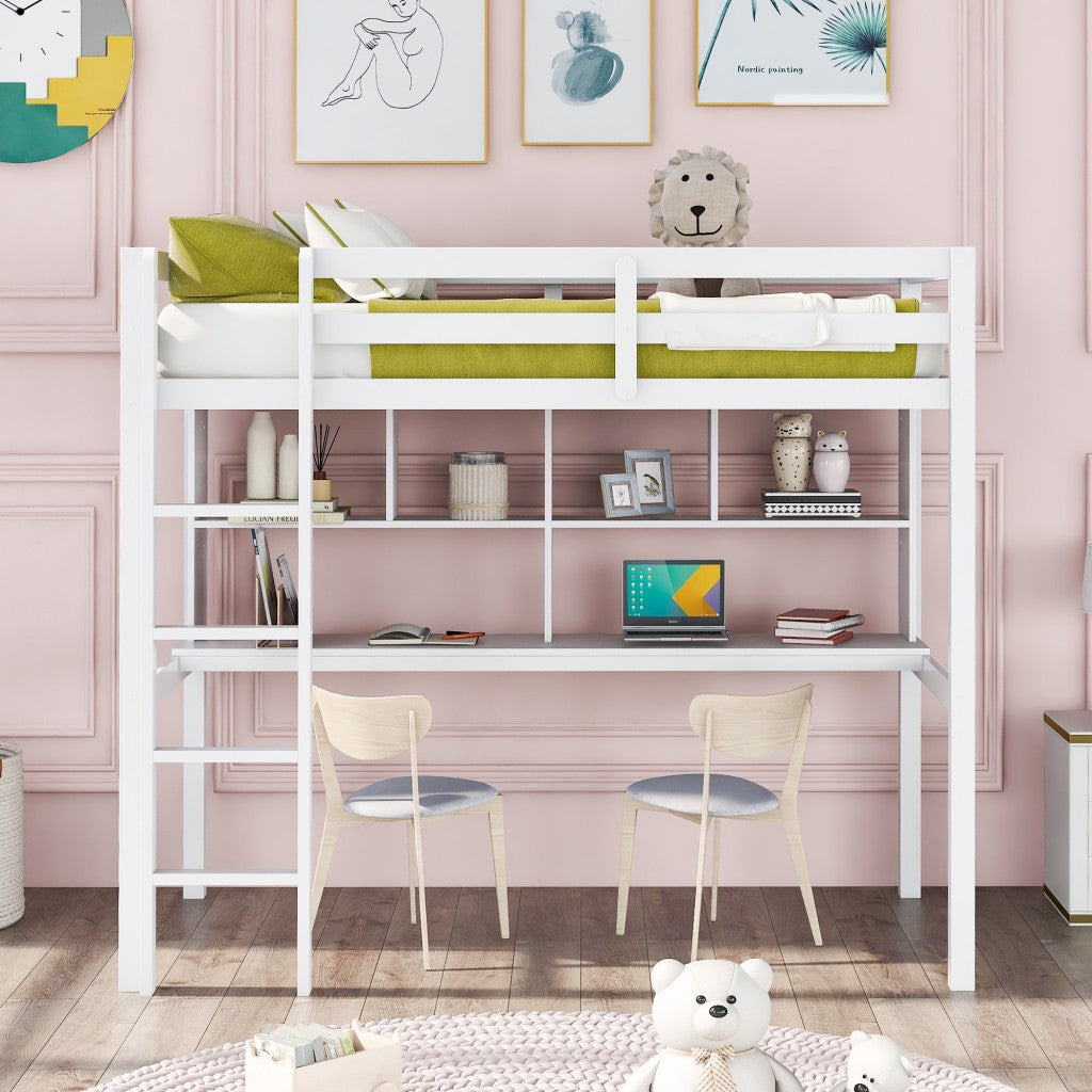 White Twin Loft Bed With Desk and Shelves