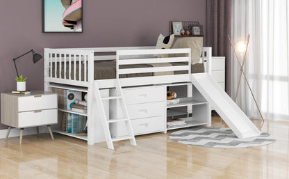 White Twin Loft Bed With Cabinet and Shelves