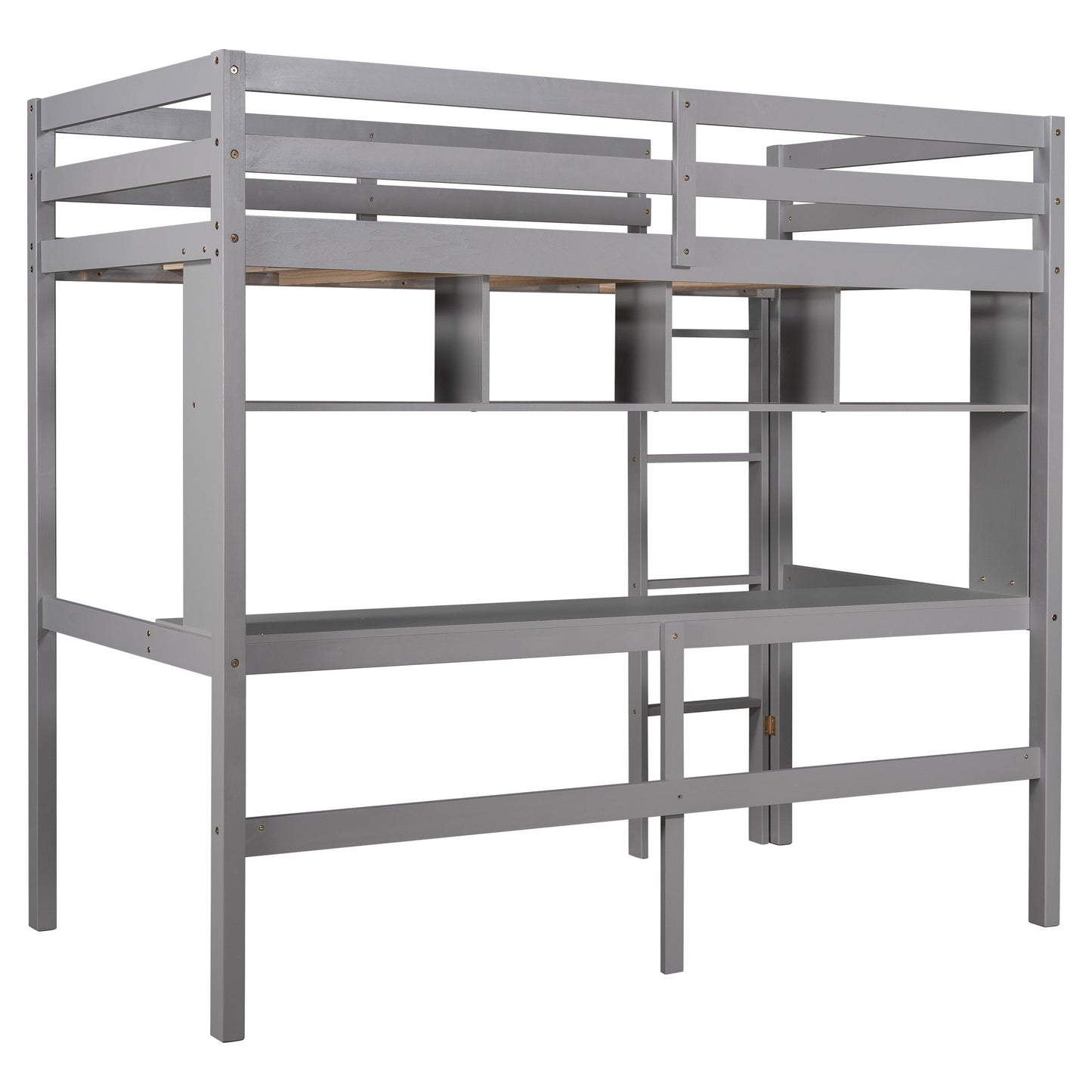 Minimalist Gray Twin Size Loft Bed with Built In Desk and Shelf