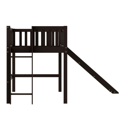 Dark Brown Twin Size Loft Bed with Slide