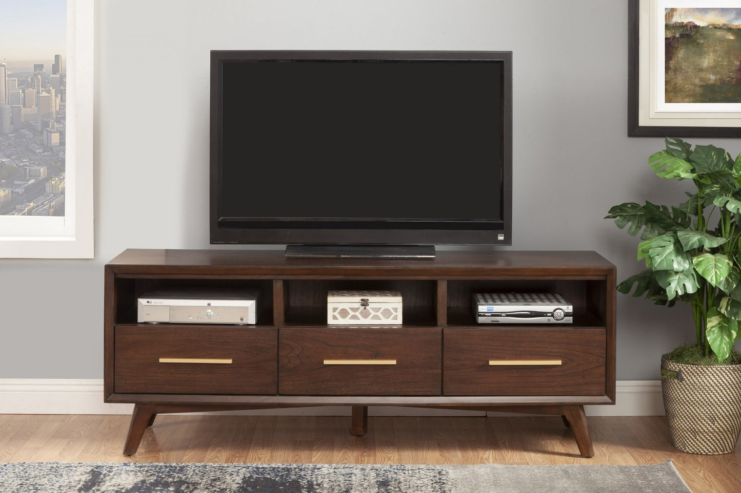 64" Brown Mahogany Solids & Veneer Open shelving TV Stand