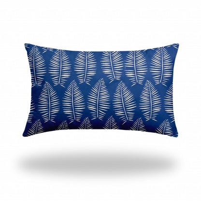 12" X 16" Blue And White Blown Seam Tropical Lumbar Indoor Outdoor Pillow