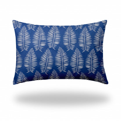 12" X 16" Blue And White Blown Seam Tropical Lumbar Indoor Outdoor Pillow