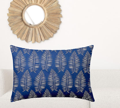 12" X 16" Blue And White Blown Seam Tropical Lumbar Indoor Outdoor Pillow