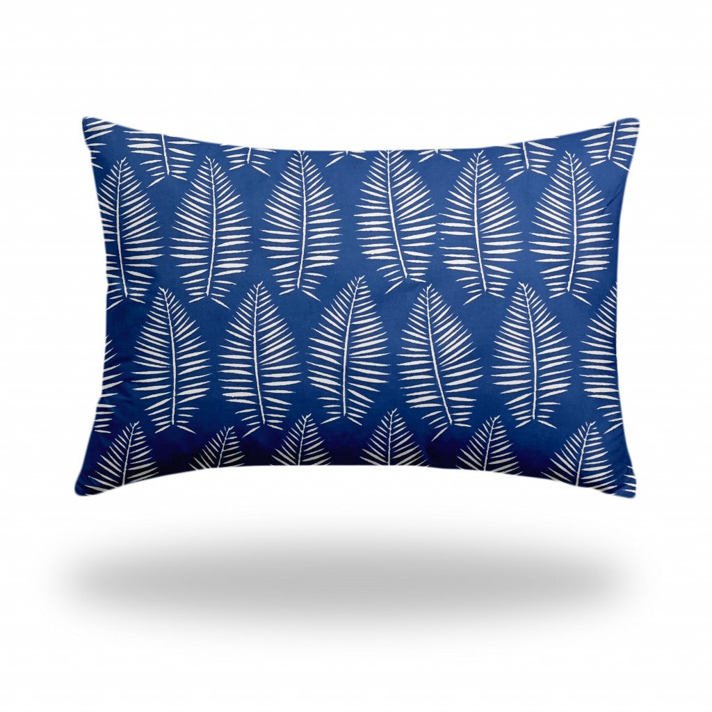 12" X 16" Blue And White Blown Seam Tropical Lumbar Indoor Outdoor Pillow