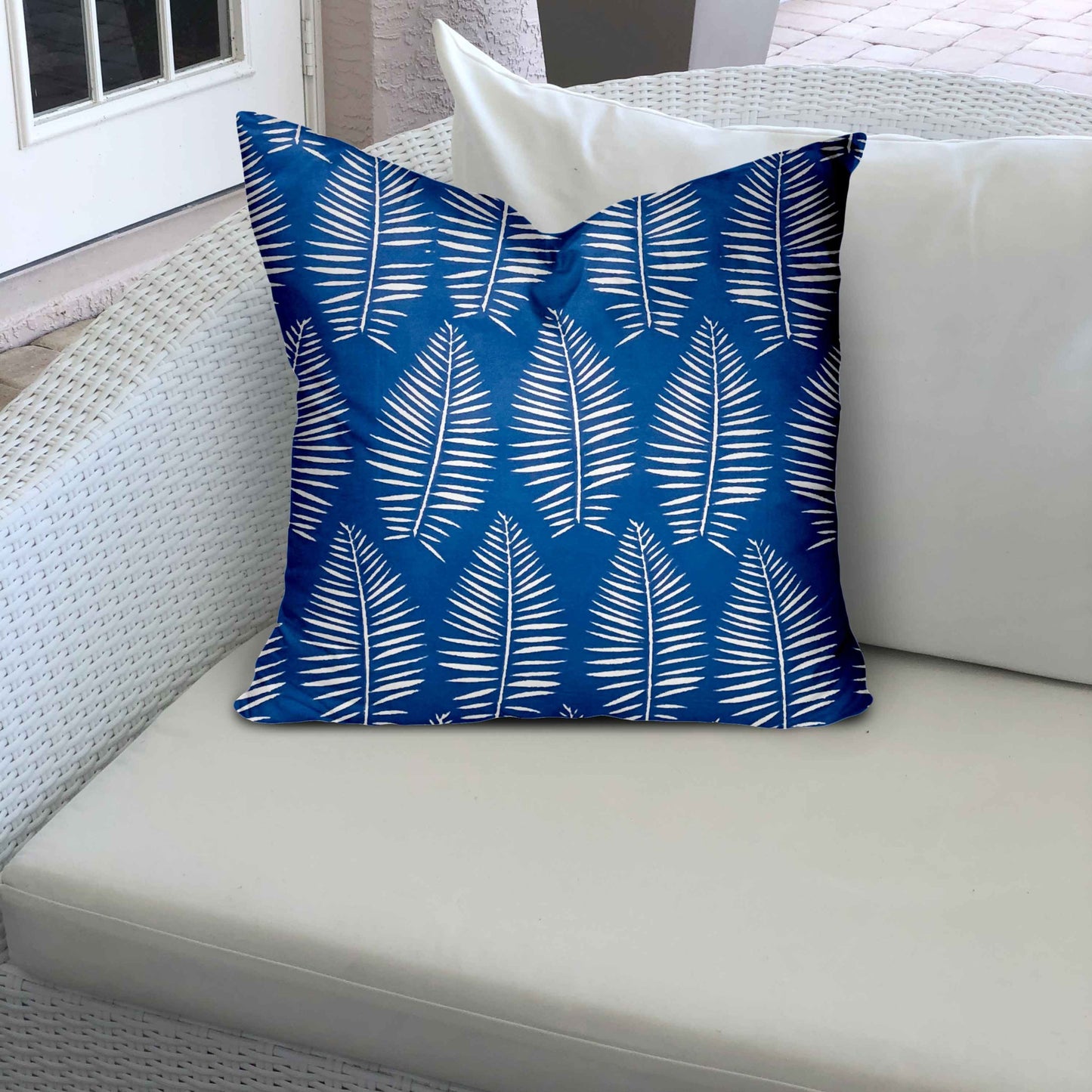 12" X 16" Blue And White Blown Seam Tropical Lumbar Indoor Outdoor Pillow